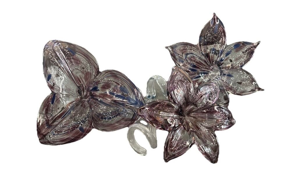 Trio Set Of 3 Murano Art Glass Flower Set Plum Blue Purple Paper Weight Stems